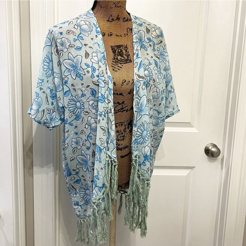 NWT Lagaci Sheer Floral Kimono- Blue Fringe Boho Relaxed Fit- OS